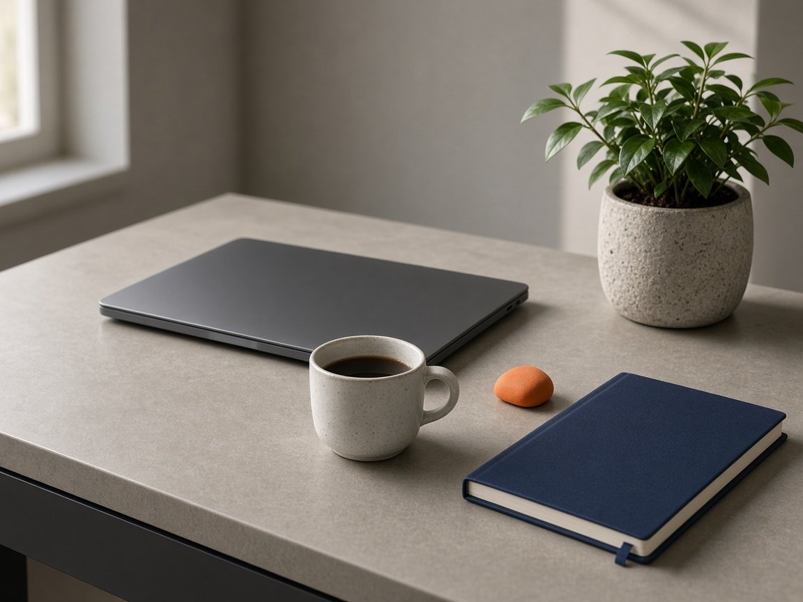 A quiet studio desk with a laptop, coffee, and a notebook